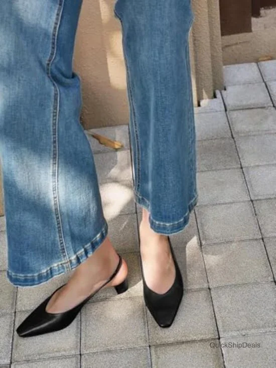 Faux Leather Chunky Low Heel Slingback Pumps Closed Toe Dress Shoes - Picture 3 of 7